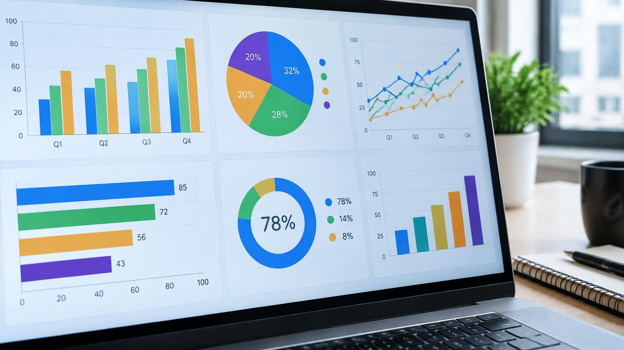 Data visualization dashboard with charts and statistics on a screen